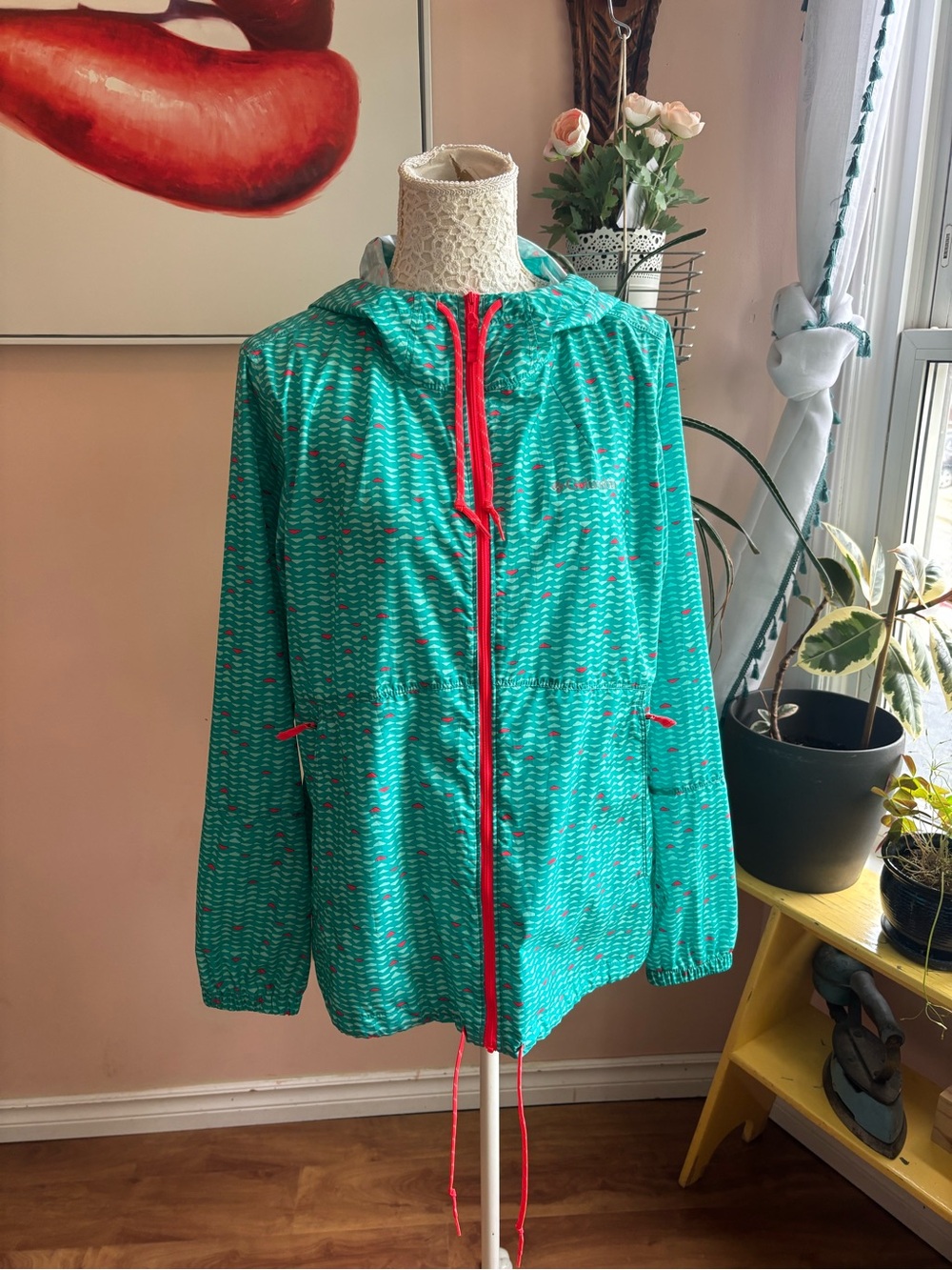 Columbia Teal Hooded Utility Jacket with Red Trim